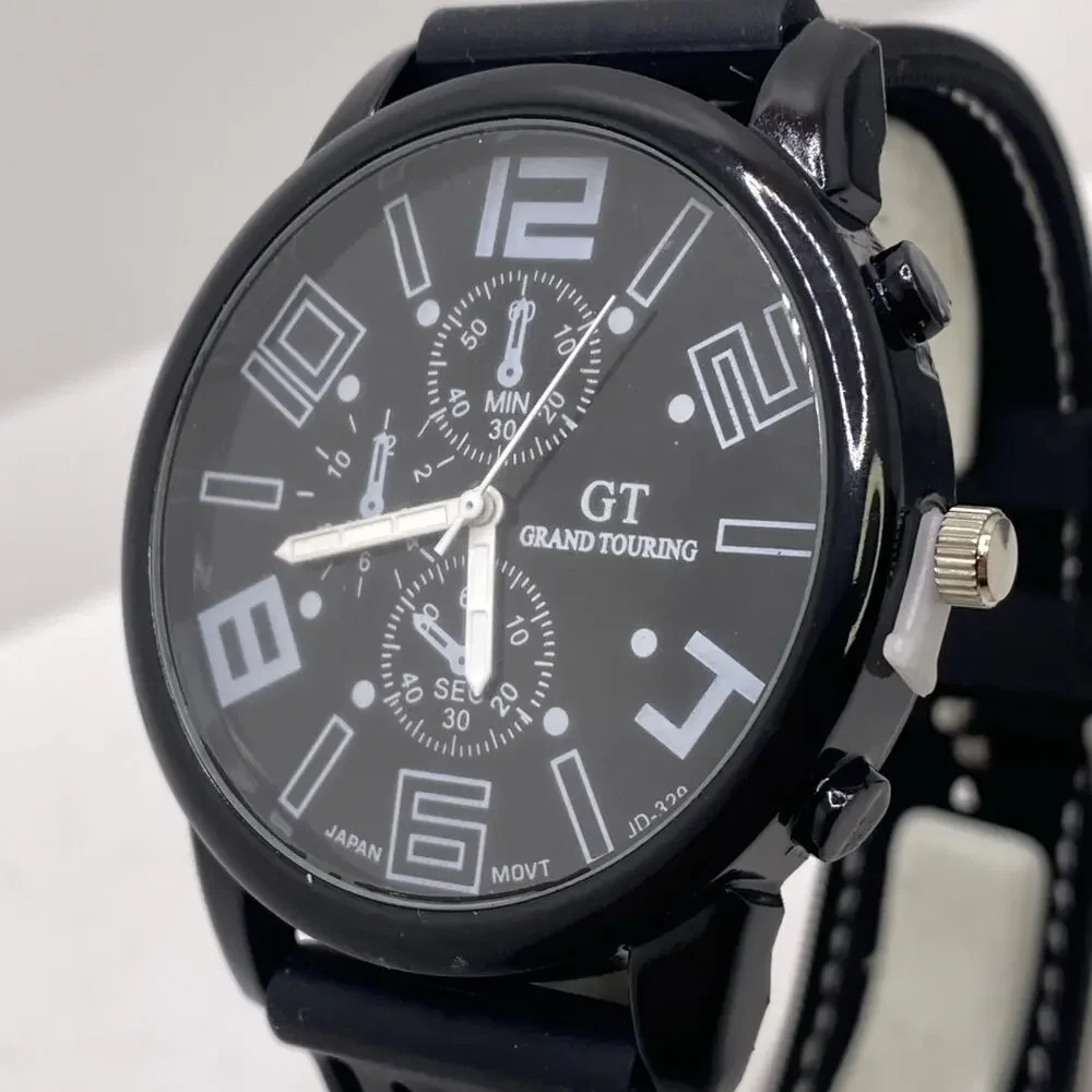 GT Mens Racing Style Rugged Rubber Black Watch New Battery